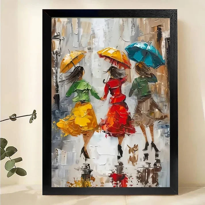 Rainy Day Ladies Canvas Art – Colorful Umbrellas Impressionist Wall Print