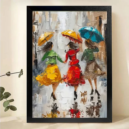Rainy Day Ladies Canvas Art – Colorful Umbrellas Impressionist Wall Print