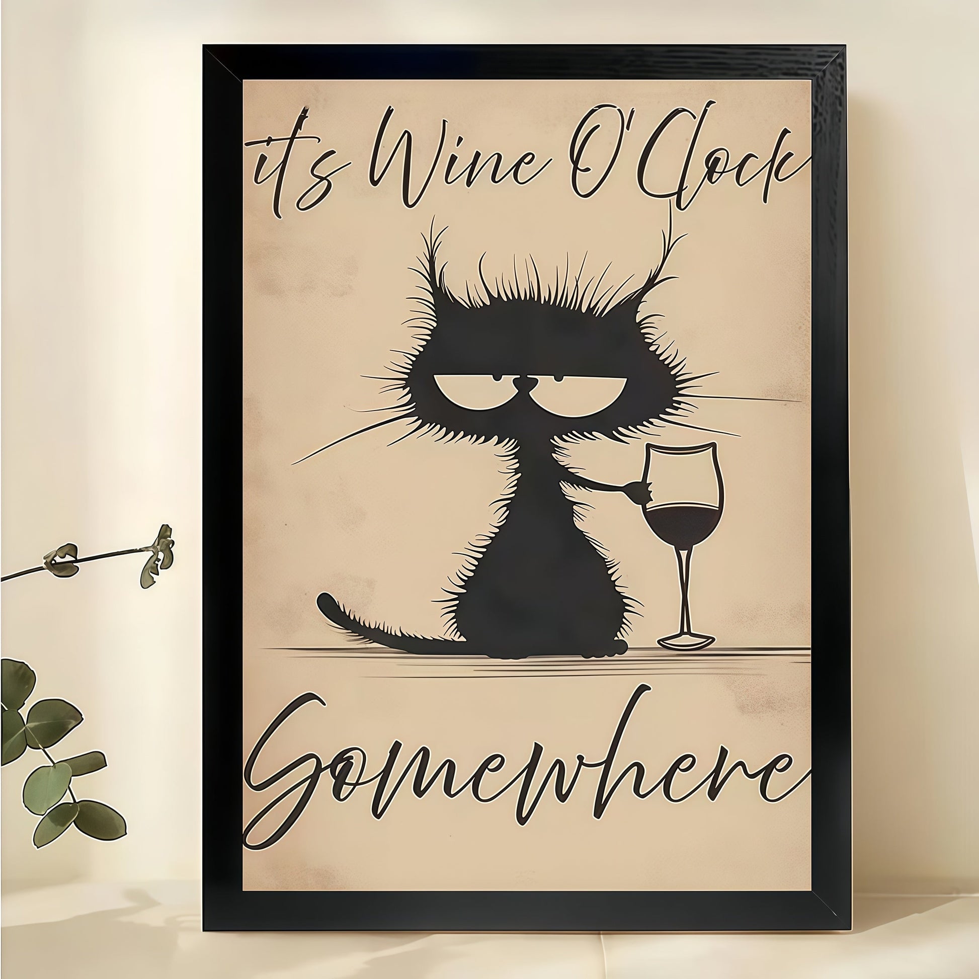 Wine O'Clock Cat – Whimsical Pet Quote Garden Flag Wall Art on Natural Wood Canvas
