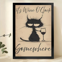 Wine O'Clock Cat – Whimsical Pet Quote Garden Flag Wall Art on Natural Wood Canvas