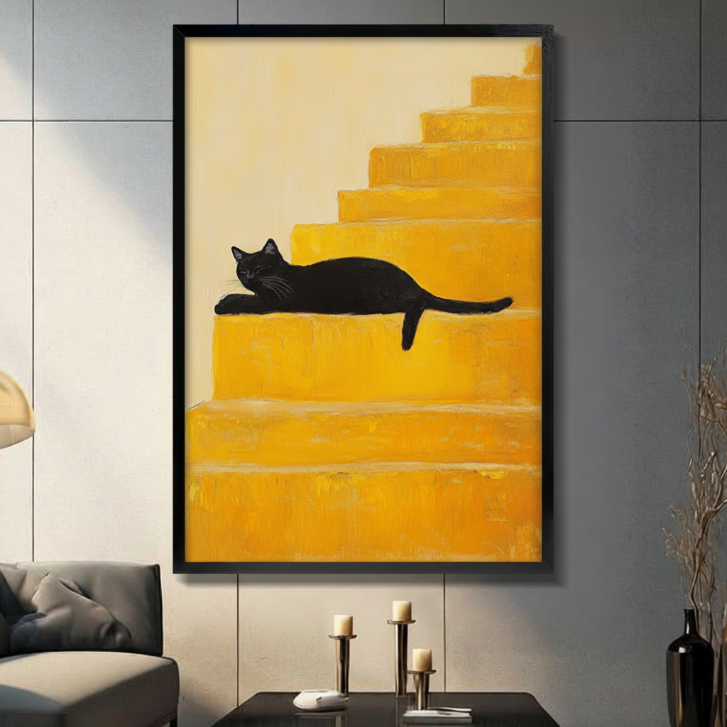 Black Cat Yellow Stairs Minimalist Canvas Wall Art