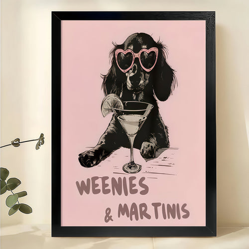 Weenies & Martinis Dachshund with Heart Sunglasses – Retro Cocktail Wall Art on Natural Wood Canvas