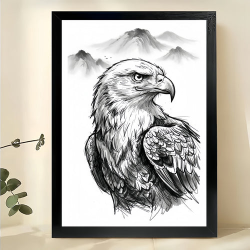 The Ink-Wash Style Eagle – Majestic Minimalist Wall Art on Natural Wood Canvas
