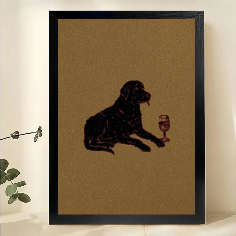 Vintage Black Labrador with Wine Glass Wall Art – Whimsical Dog Canvas Print on Natural Wood Frame