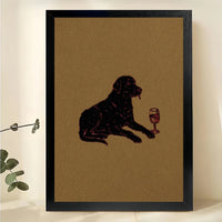 Vintage Black Labrador with Wine Glass Wall Art – Whimsical Dog Canvas Print on Natural Wood Frame