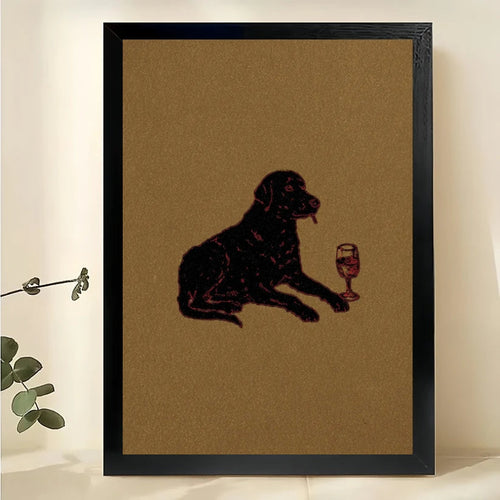 Vintage Black Labrador with Wine Glass Wall Art – Whimsical Dog Canvas Print on Natural Wood Frame