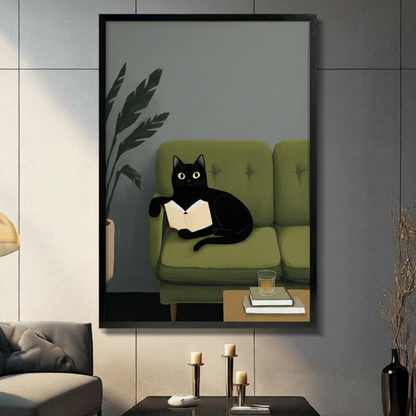 Black Cat Reading on Sofa Canvas Wall Art