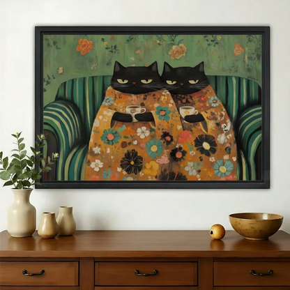 Two Black Cats in Floral Blankets – Cozy Vintage Wall Art on Natural Wood Canvas