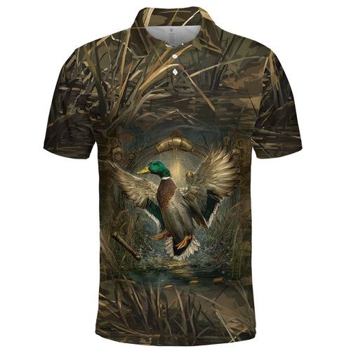 Mallard Duck Hunting Dark Camo Polo Men Shirt