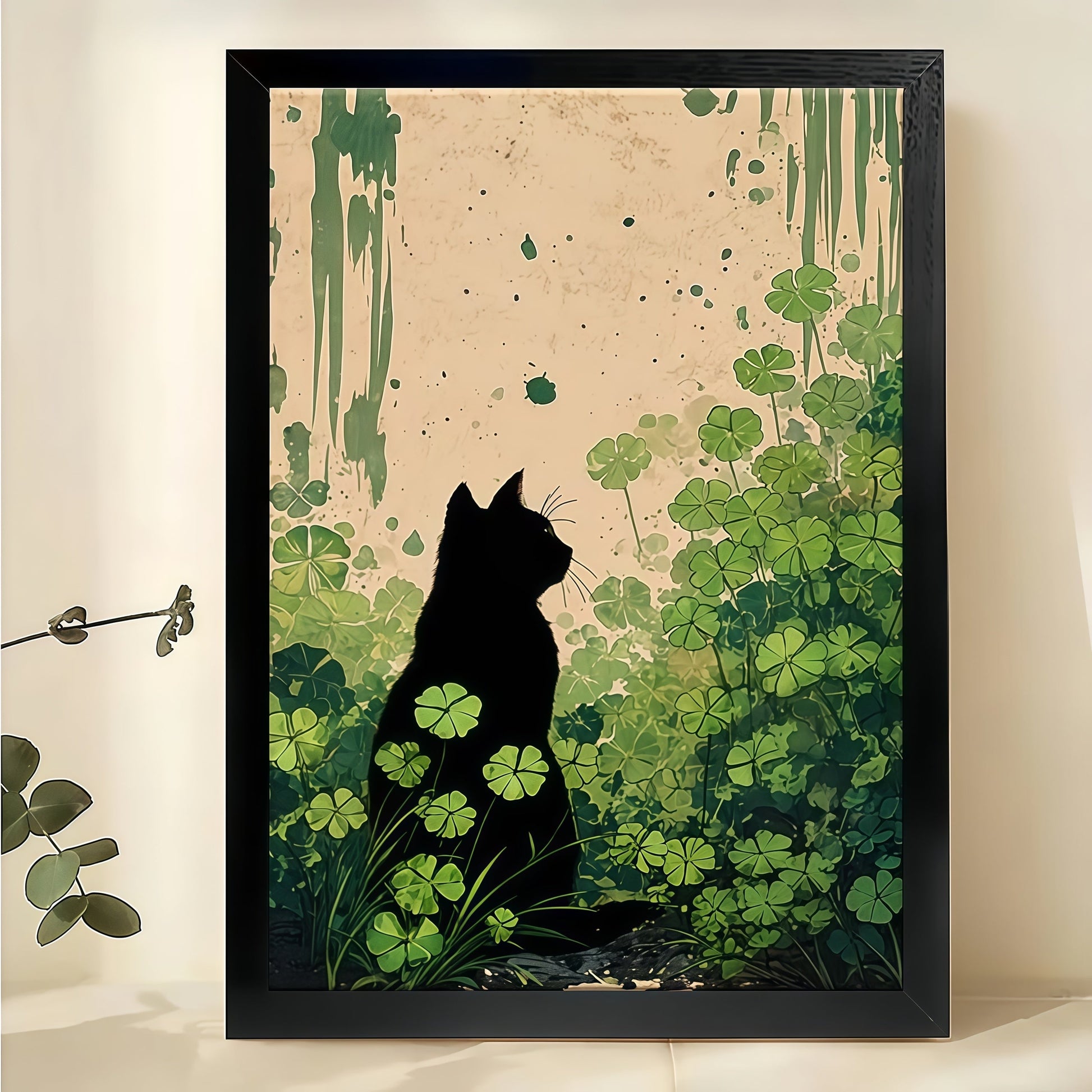 Black Cat Silhouette in Clover Patch – Japanese-Inspired Green Wall Art on Natural Wood Canvas