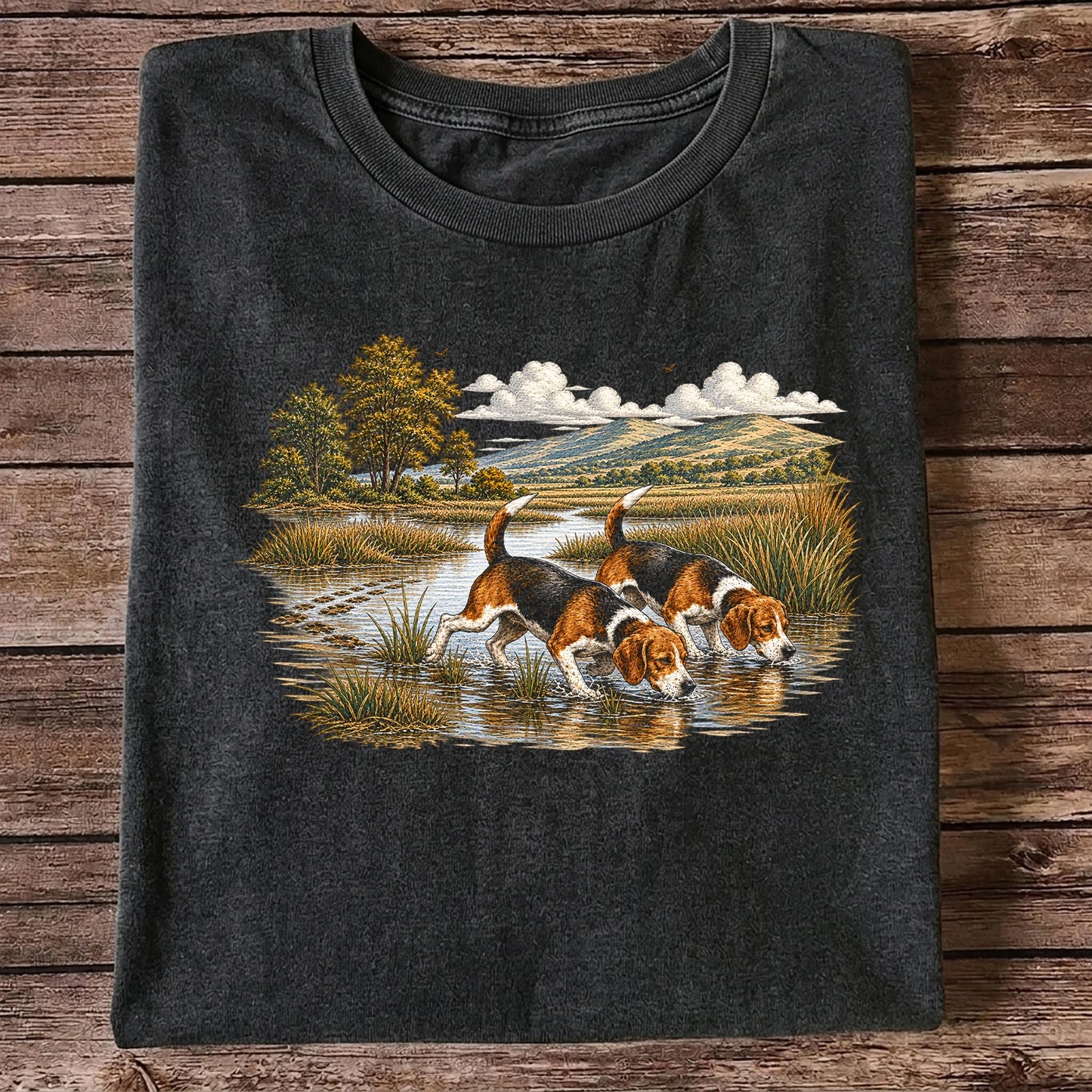 Beagles Tracking Through a Marsh T-Shirt, Vintage Hunting Dog Tee