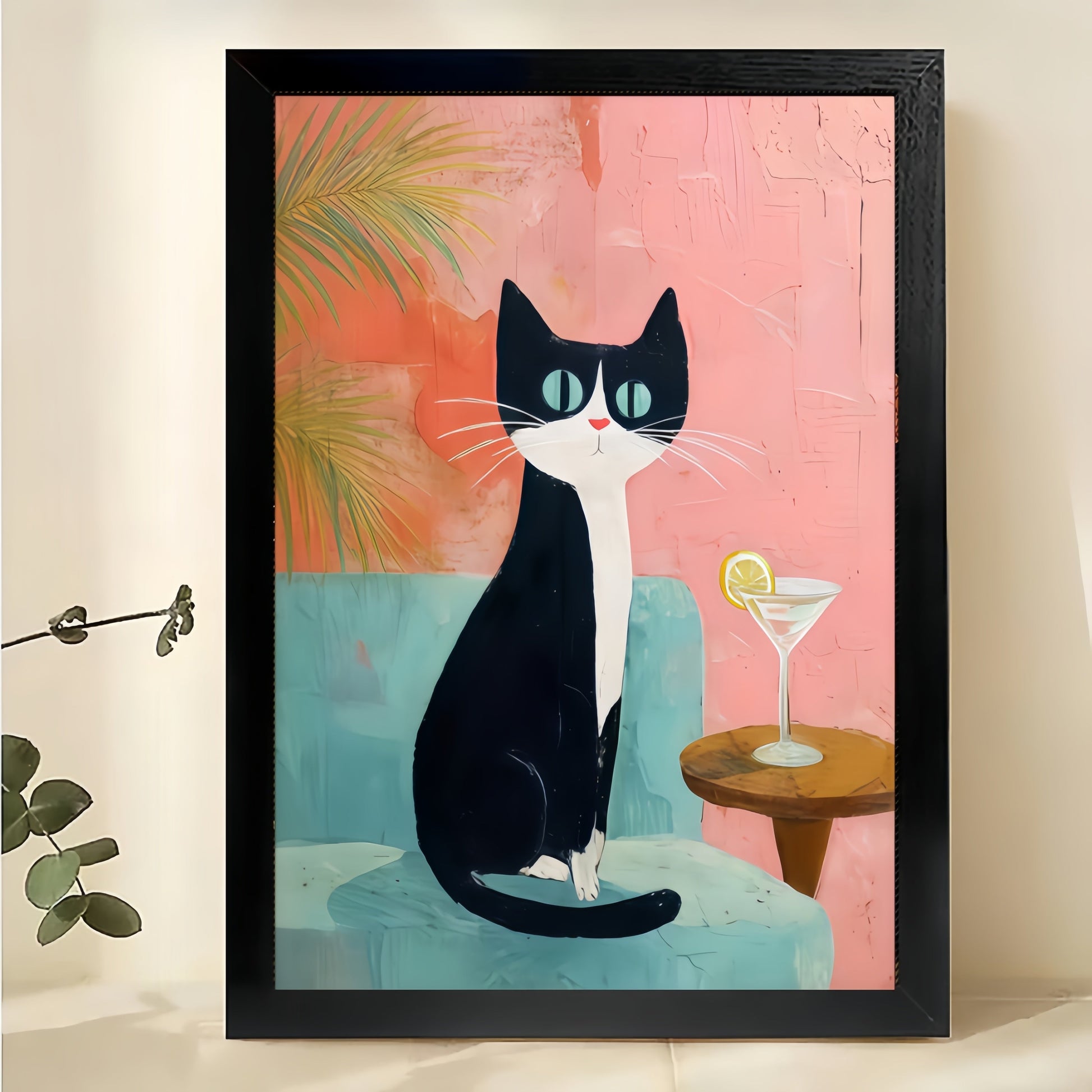 The Cocktail-Sipping Black Cat – Retro Chic Wall Art on Natural Wood Canvas