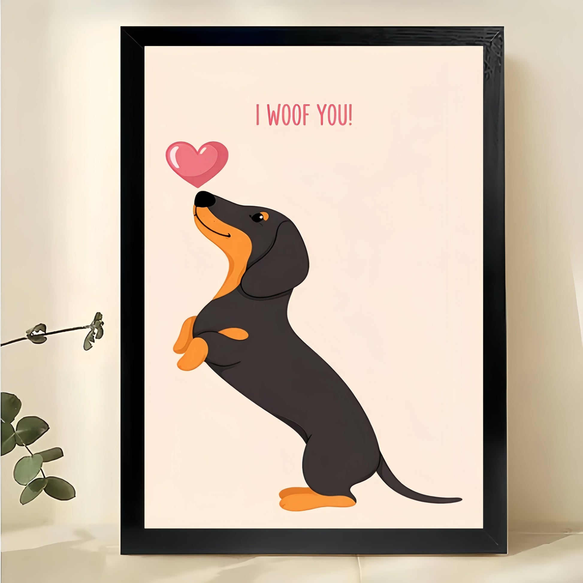 “I Woof You” Dachshund with Heart – Sweet Romantic Pet Wall Art on Natural Wood Canvas