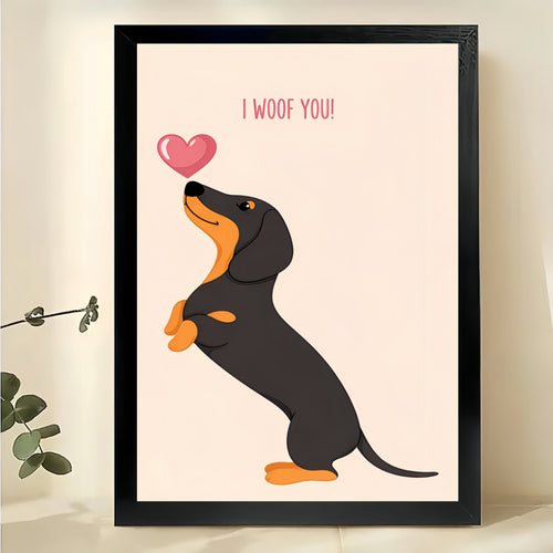 “I Woof You” Dachshund with Heart – Sweet Romantic Pet Wall Art on Natural Wood Canvas