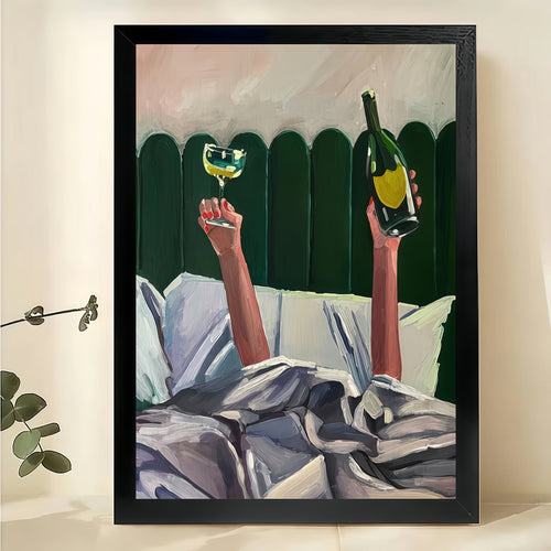 Champagne Toast in Bed – Celebration Oil Painting Wall Art on Natural Wood Canvas