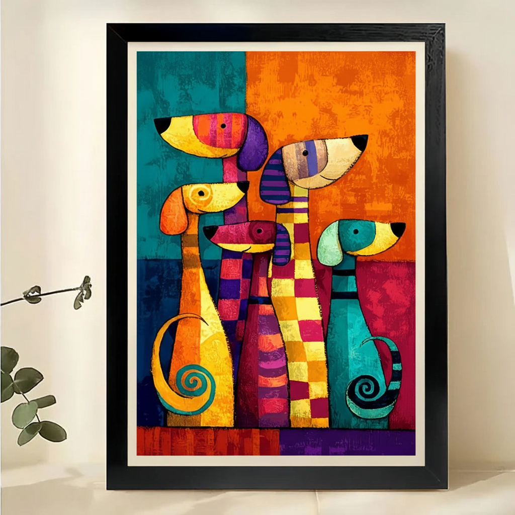 Colorful Abstract Dog Group Portrait – Vibrant Geometric Pet Wall Art on Natural Wood Canvas