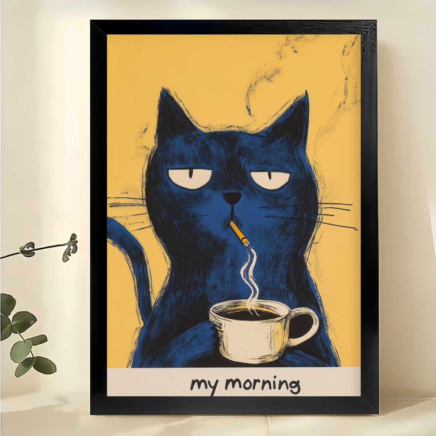 My Morning Blue Cat – Whimsical Coffee Cat Wall Art on Natural Wood Canvas