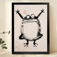Joyful Frog in Sumi-e Style – Whimsical Japanese-Inspired Wall Art on Natural Wood Canvas