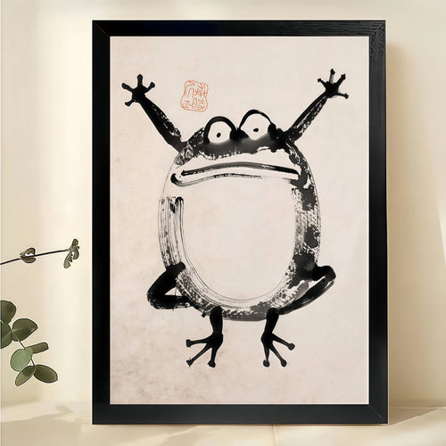 Joyful Frog in Sumi-e Style – Whimsical Japanese-Inspired Wall Art on Natural Wood Canvas
