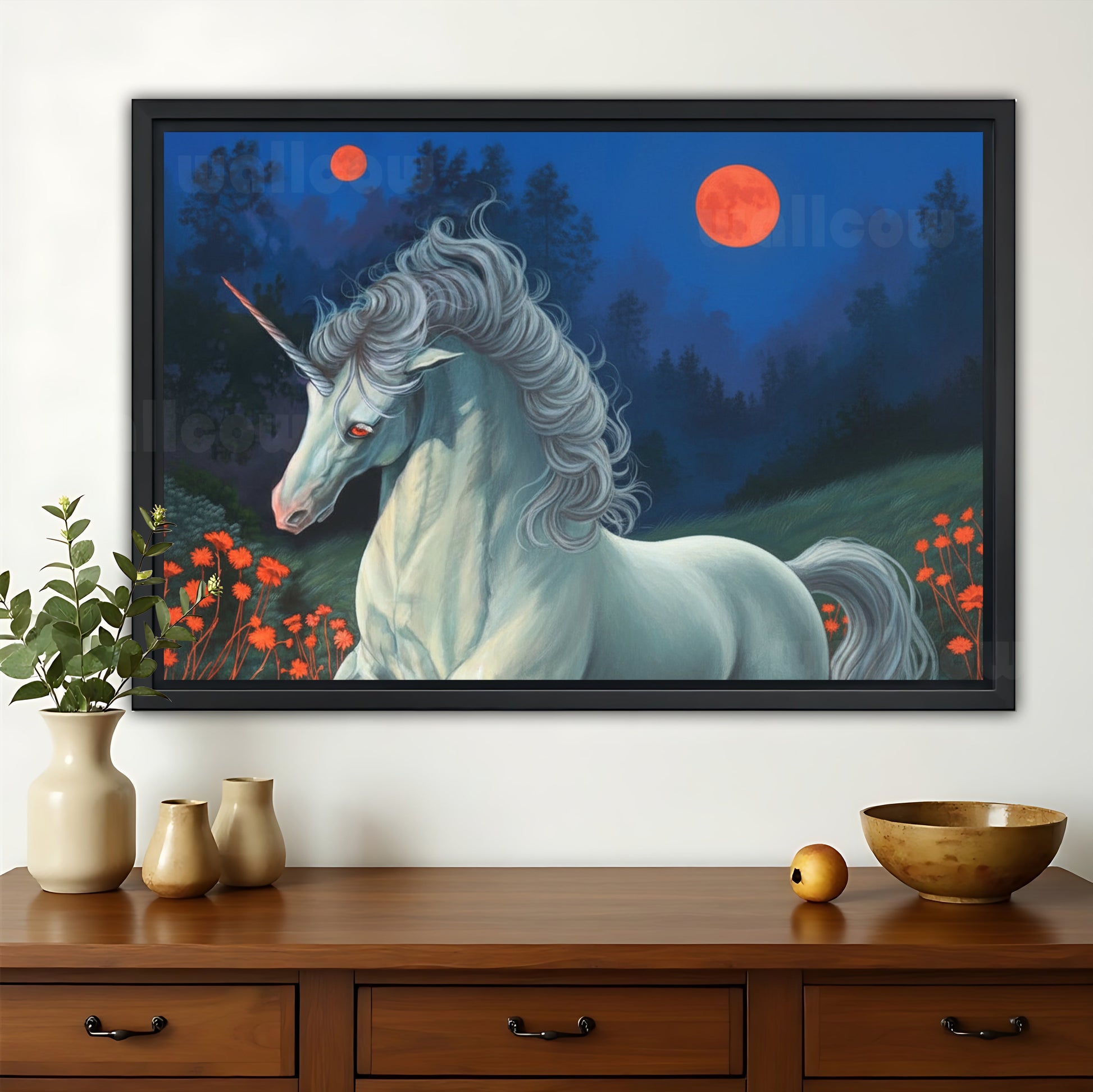 Moonlit Unicorn in Flower Field – Magical Fantasy Wall Art on Natural Wood Canvas