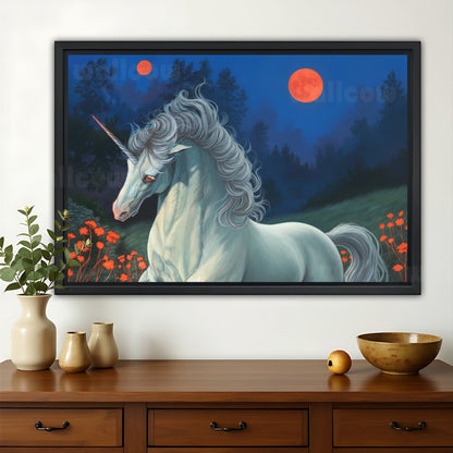 Moonlit Unicorn in Flower Field – Magical Fantasy Wall Art on Natural Wood Canvas
