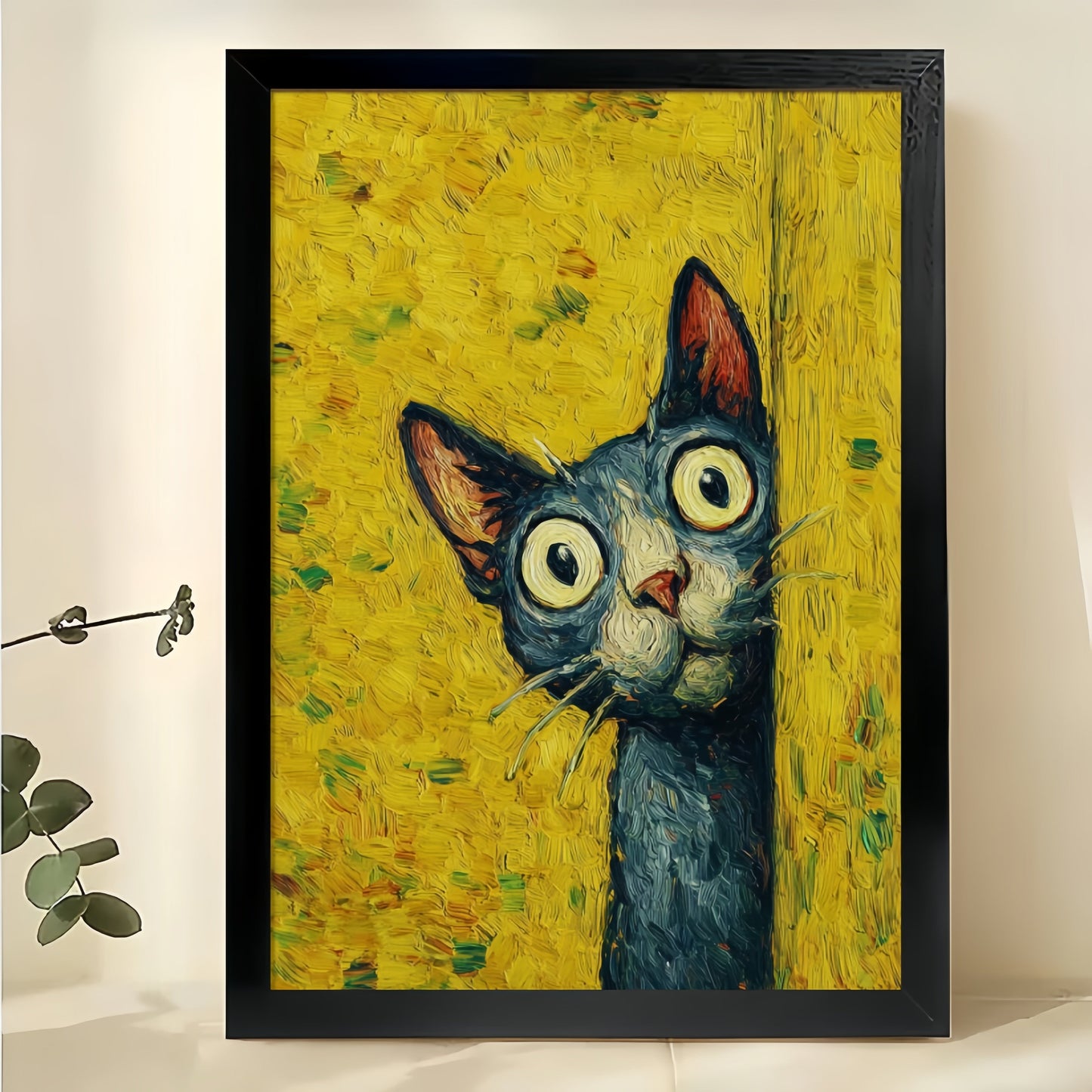 Peeking Black Cat Wall Art – Whimsical Vintage Oil Painting Style Cat Canvas Print