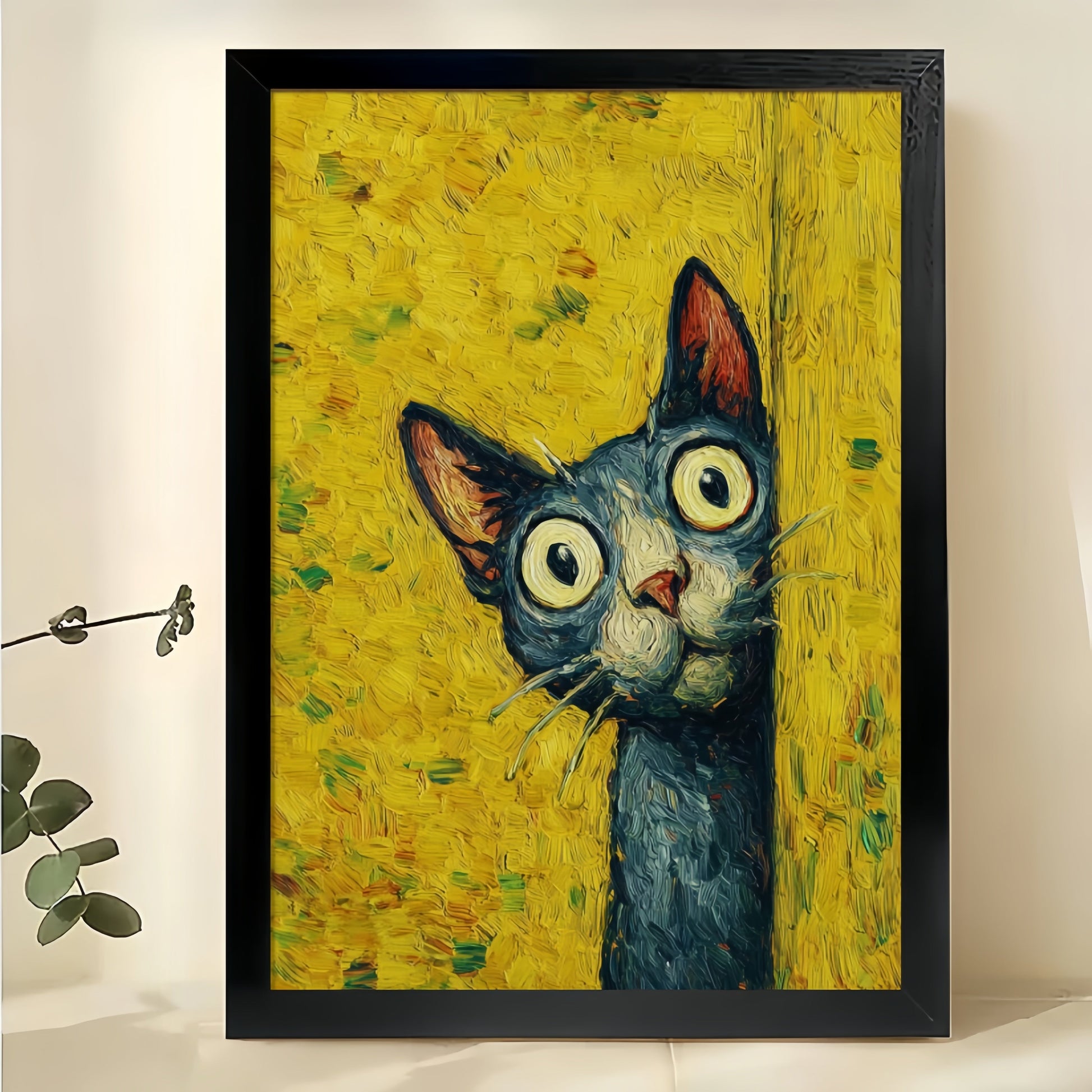 Peeking Black Cat Wall Art – Whimsical Vintage Oil Painting Style Cat Canvas Print