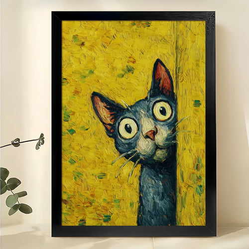 Peeking Black Cat Wall Art – Whimsical Vintage Oil Painting Style Cat Canvas Print