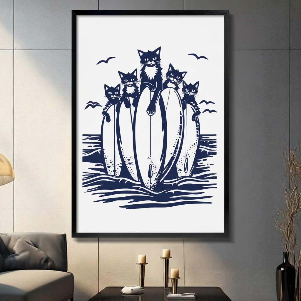 Surfing Cats Canvas Wall Art – Navy Linocut Print
