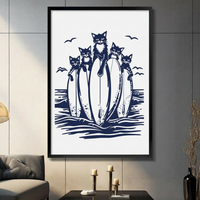 Surfing Cats Canvas Wall Art – Navy Linocut Print