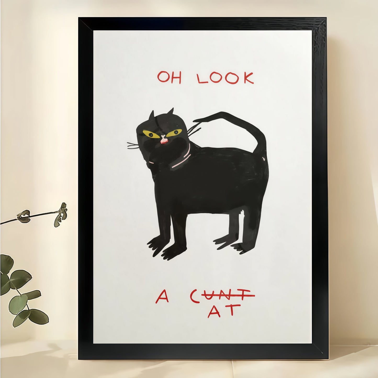 Oh Look A Cunt At Sassy Black Cat – Humorous Retro Wall Art on Natural Wood Canvas