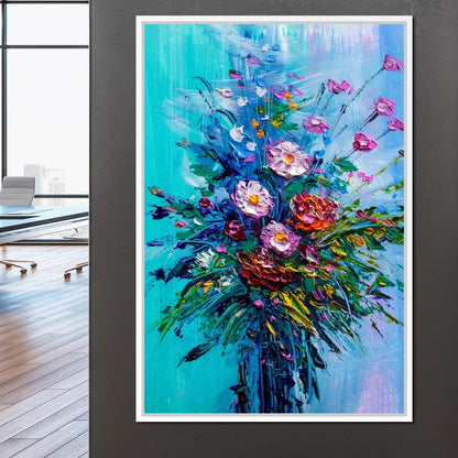 Bouquet of Flowers on Blue Background Canvas Wall Art