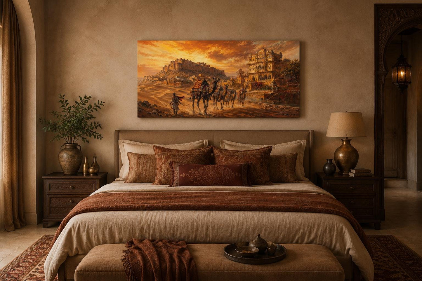 Indian Camel Caravan Painting | Rajasthan Wall Art - Desert Landscape Canvas Print