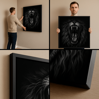 Black and White Roaring Lion Canvas Wall Art