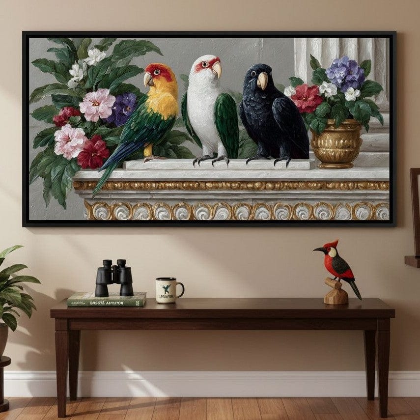 Parrot Trio On Florid Ledge Canvas Wall Art