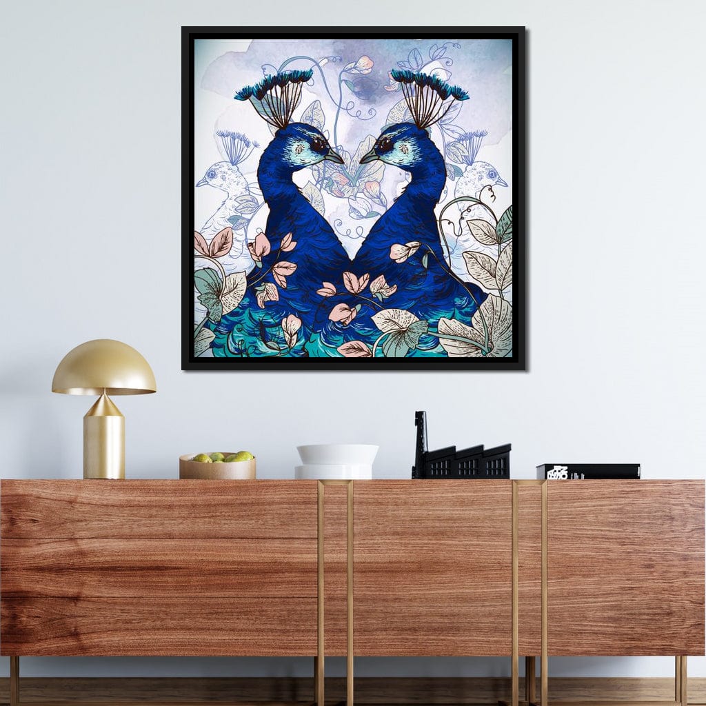Blue Floral Peacocks Canvas Wall Art
