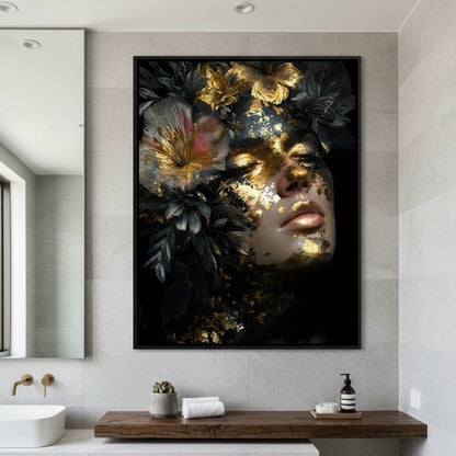 Golden Reverie Floral Visage Canvas Wall Art