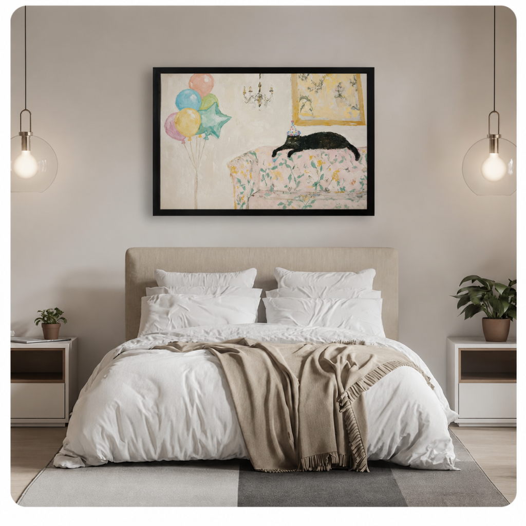 Party Cat Floral Sofa Whimsical Canvas Wall Art