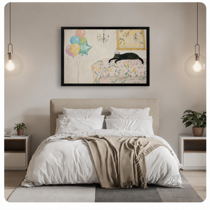 Party Cat Floral Sofa Whimsical Canvas Wall Art