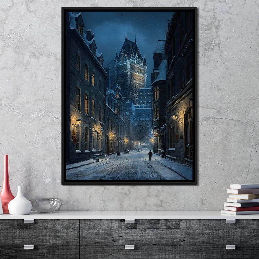 Quebec City Street On a Winter Night Canvas Wall Art