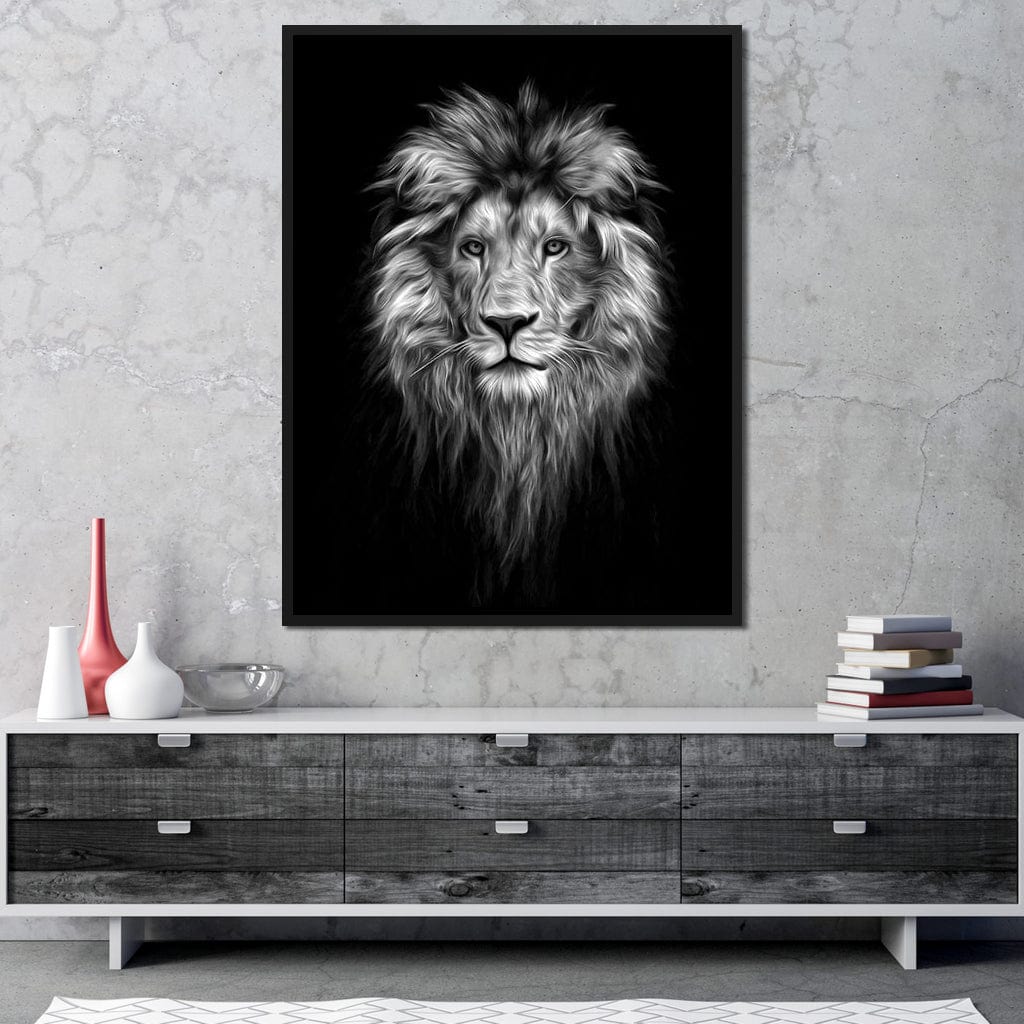 Black and White Lion Face Canvas Wall Art