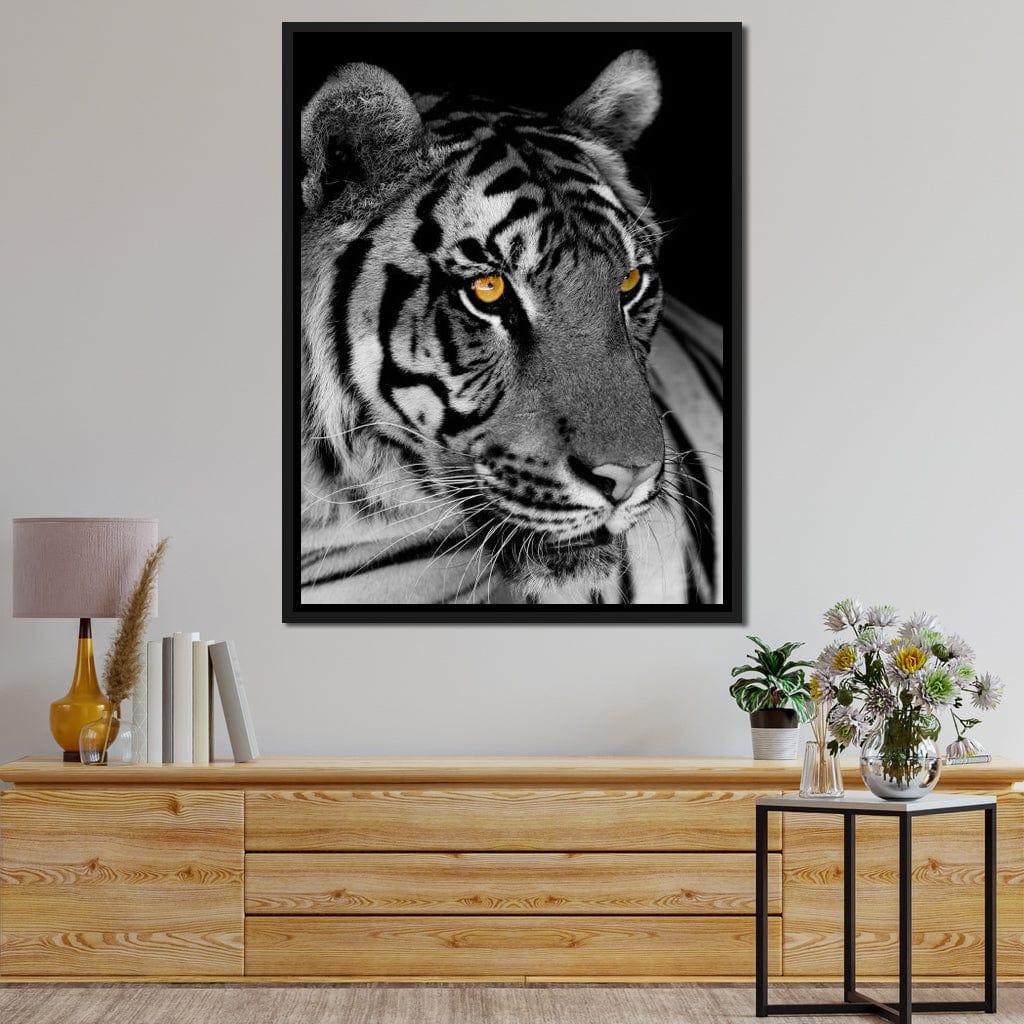 Black and White Tiger with Yellow Eyes Canvas Wall Art