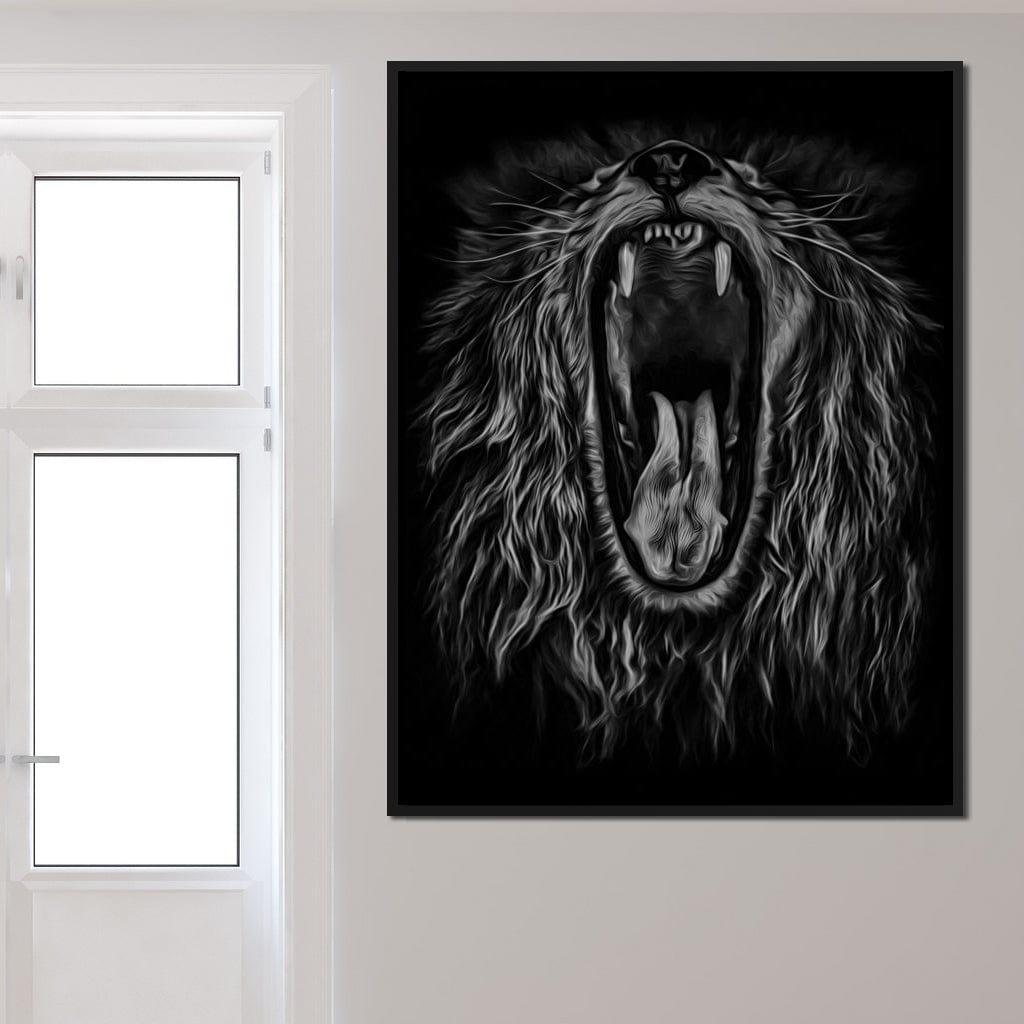 Black and White Roaring Lion Canvas Wall Art