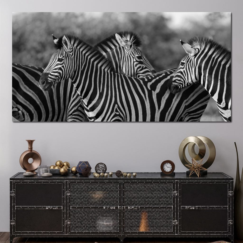Zebra Herd in Black & White Canvas Wall Art