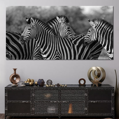Zebra Herd in Black & White Canvas Wall Art