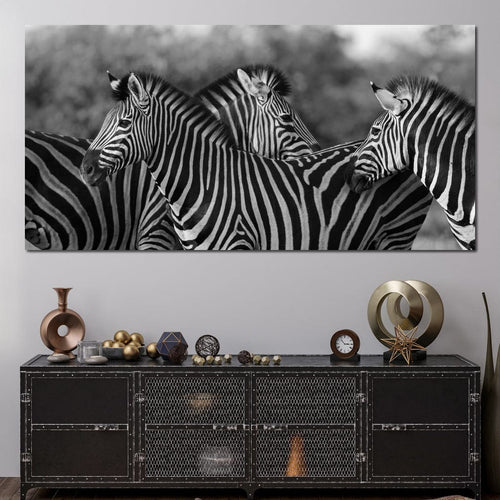 Zebra Herd in Black & White Canvas Wall Art