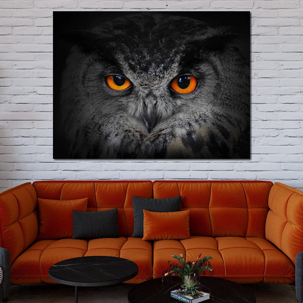 Black & White Owl with Orange Eyes Canvas Wall Art