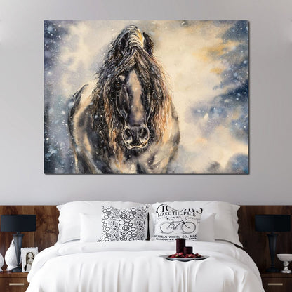 Black Horse in Winter Canvas Wall Art