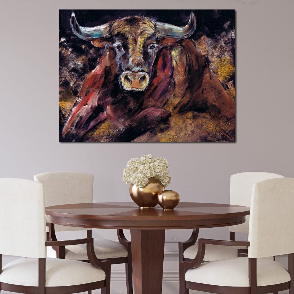 Brown Bull Charge Canvas Wall Art