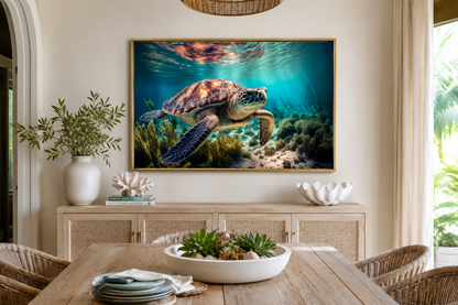 Sea Turtle In Coral Reef Underwater Canvas Wall Art